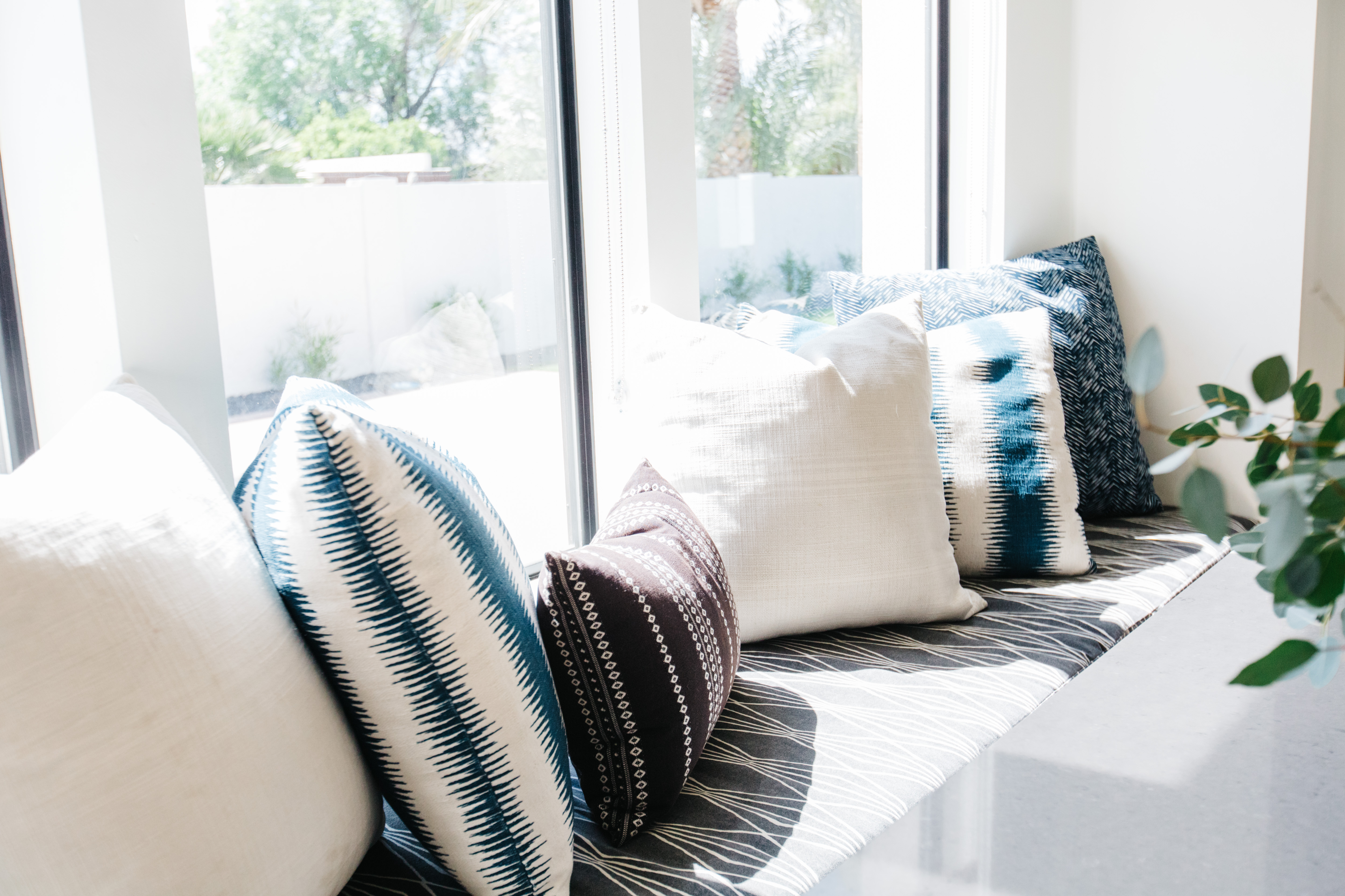 white accent pillows blue and white tribal pattern pillows window seat